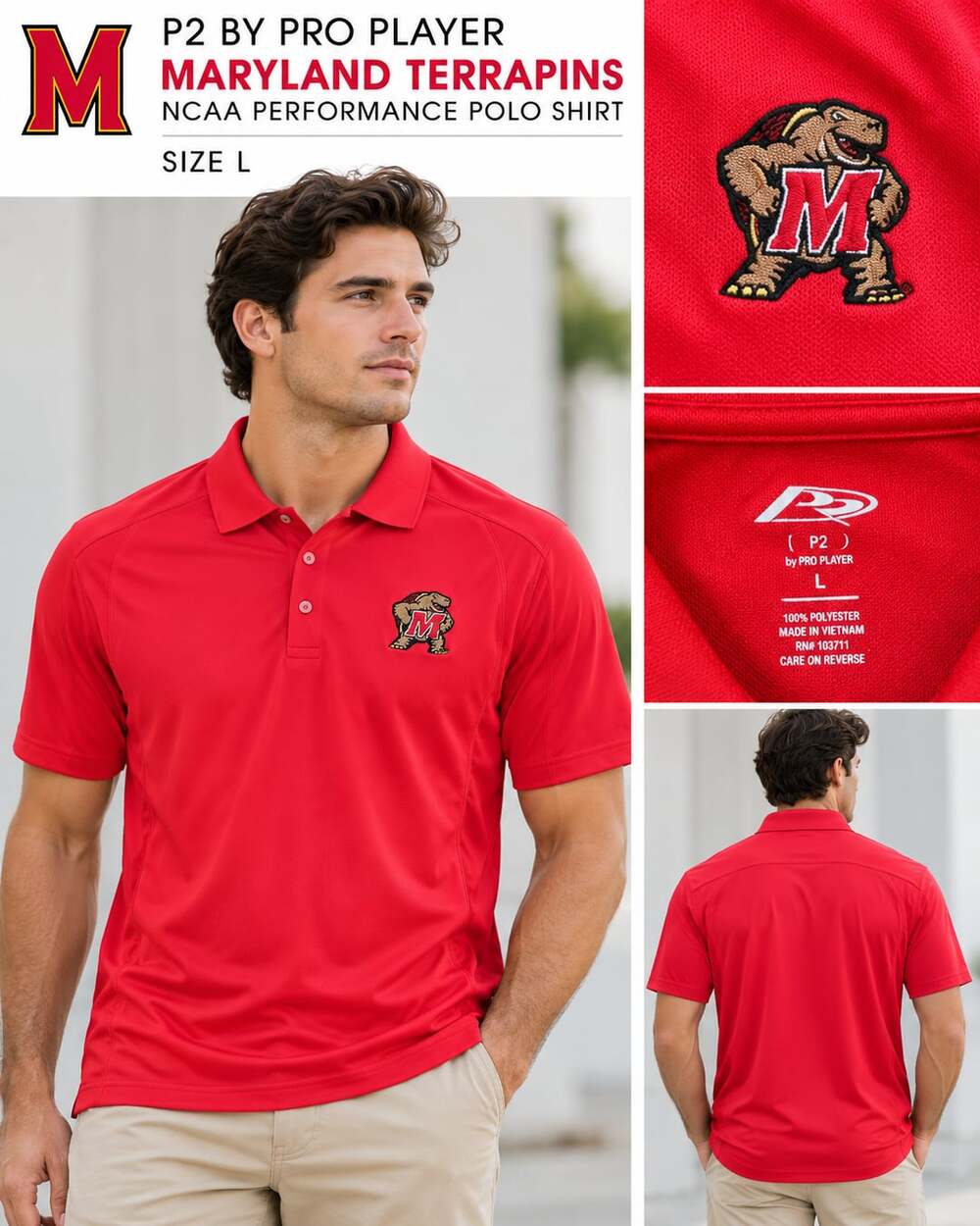 P2 by Pro Player Maryland Terrapins NCAA Performance Polo Shirt Size L